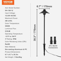 image-VEVOR 12 Pack Low Voltage Landscape Path Lights, 3W 210LM 12V-24VAC/DC Outdoor LED Pathway Lighting, 3000K Warm White Walkway Lights with Quick Connectors, IP66 Waterproof for Yard Garden Sidewalk