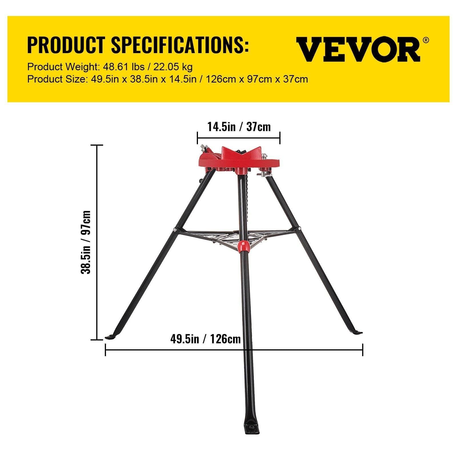 image-VEVOR 460-6 Tripod Pipe Chain Vise 1/8"-6" Capacity,Pipe Stand Portable Foldable Steel Legs,Pipe Jack Stands with Tool Tray, Tripod Stand Chain Vise Ideal for a Variety of Pipe Materials