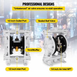 image-VEVOR Air-Operated Double Diaphragm Pump, 1/2 in Inlet & Outlet, Polypropylene Body, 2.5 GPM & Max 80PSI, PTFE Diaphragm Pneumatic Transfer Pump for Petroleum, Diesel, Oil & Low Viscosity Fluids