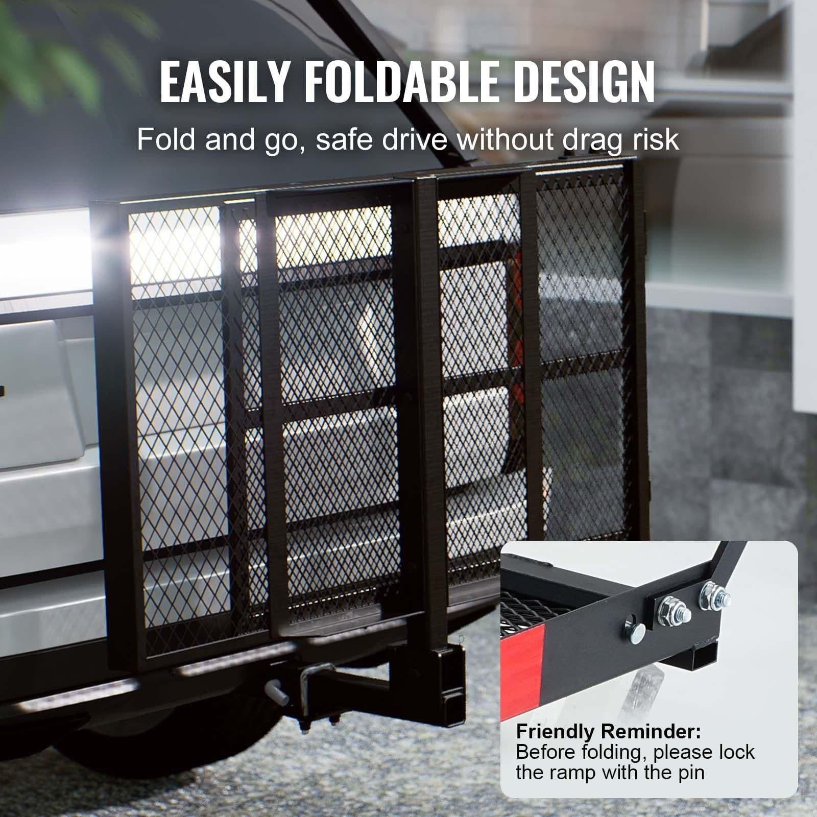 image-VEVOR Hitch Mount Cargo Carrier, 45.3" x 25.6" Iron Hitch Cargo Rack with Folding Ramp, Hitch Rack Basket with Stabilizer and Straps, 500LBS Mobility Scooter Carrier Fit 2" Hitch Receiver