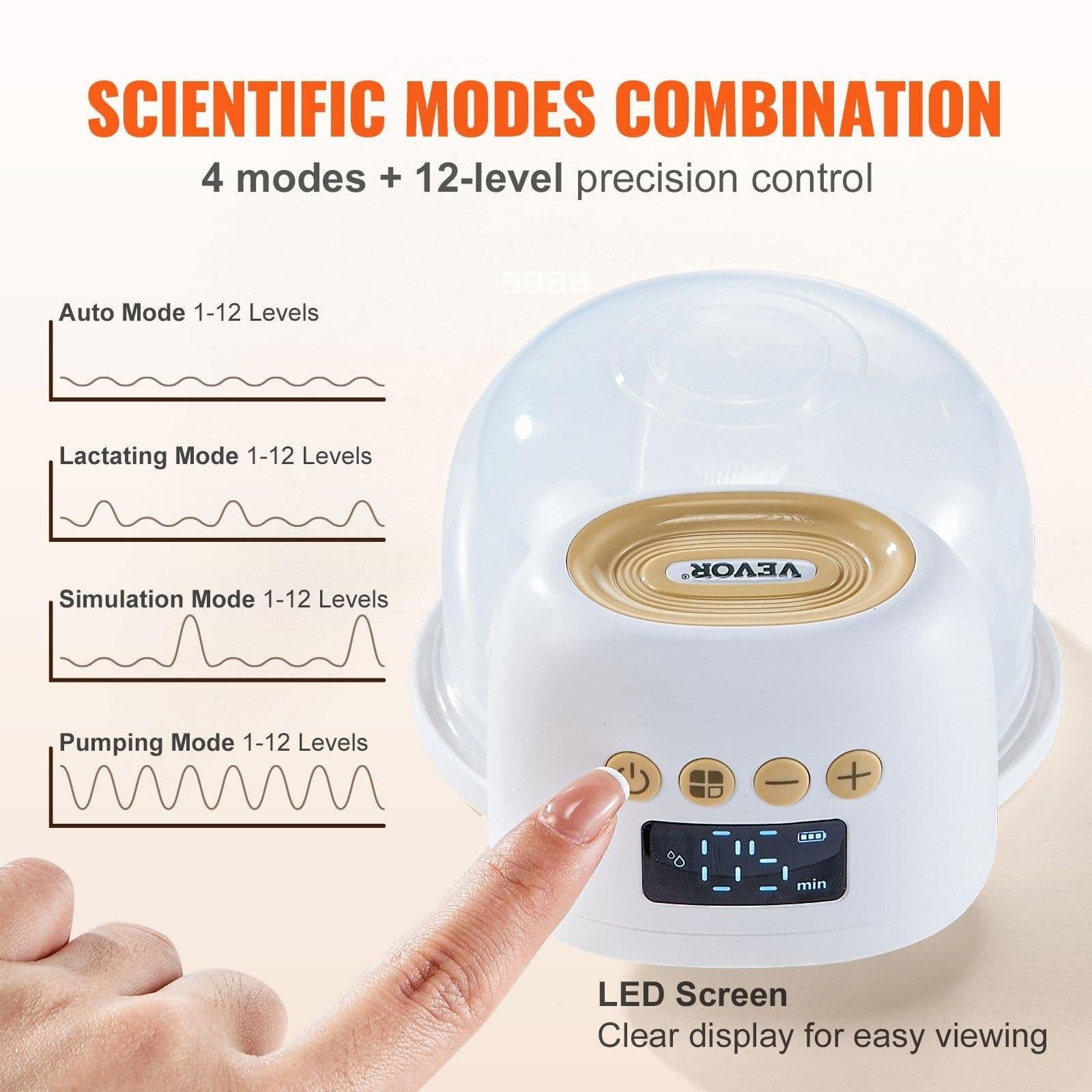 image-VEVOR Breast Pump, Wearable Electric Breast Pumps Hands Free, 4 Mode & 12 Levels, 300mmHg Strong Suction, Ultra-Quiet Rechargeable Portable Breastfeeding Pump with LED Display, 24mm Insert/28mm Flange
