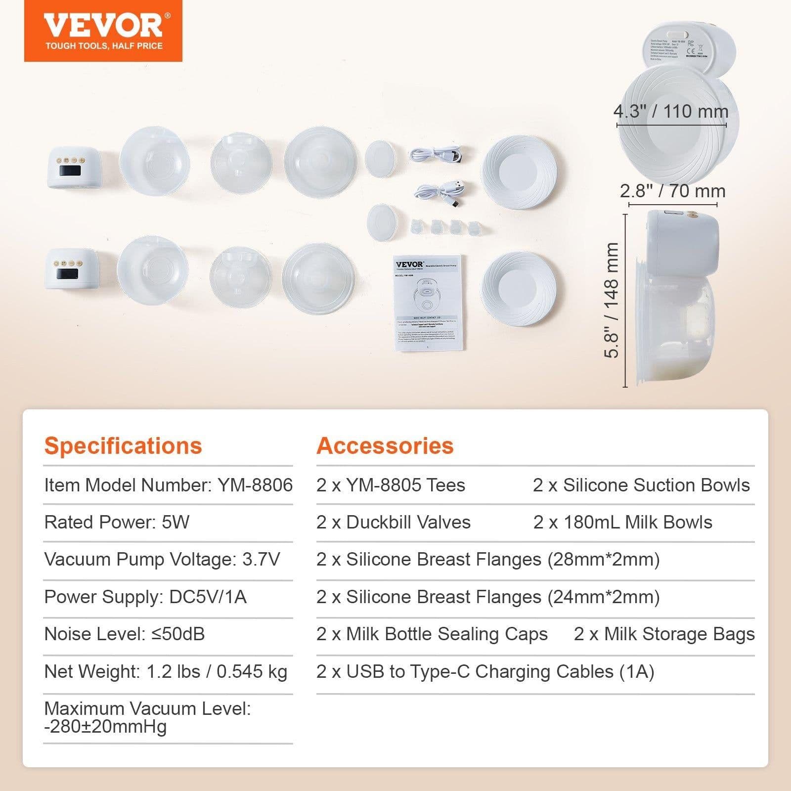 image-VEVOR Breast Pump, Wearable Electric Breast Pumps Hands Free, 4 Mode & 12 Levels, 300mmHg Strong Suction, Ultra-Quiet Rechargeable Portable Breastfeeding Pump with LED Display, 24mm Insert/28mm Flange