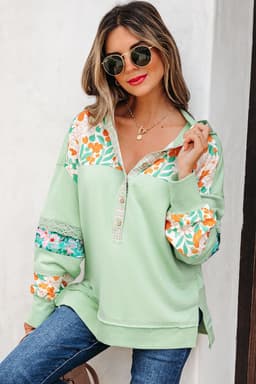 image-Lace Floral Patchwork Half Button Hooded Pullover - Aqua
