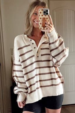 image-Brown Stripe Ribbed Henley Drop Shoulder Slouchy Sweater