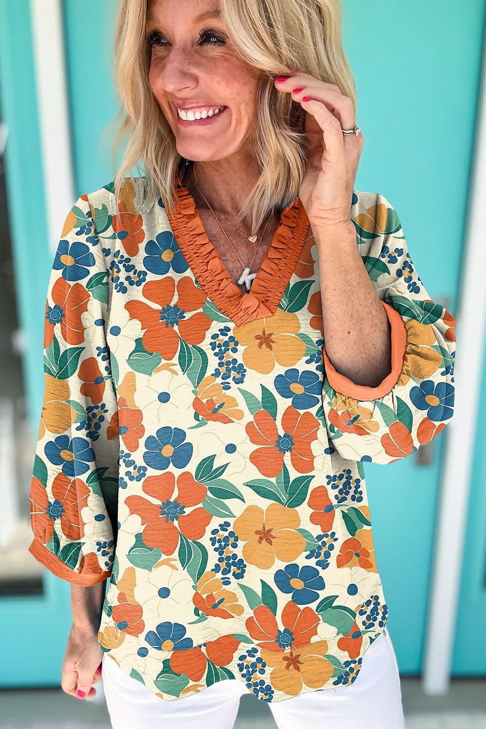 image-Orange Floral Print Blouse - Frilled V Neck