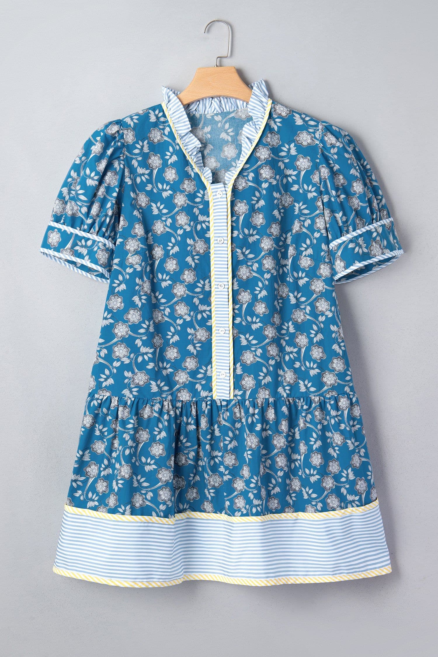 image-Blue Plus Size Floral Print Striped Patchwork Detail Button Front Ruffle Hem Dress