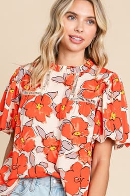 image-Orange Floral Bubble Sleeve Frill Neck Loose Blouse