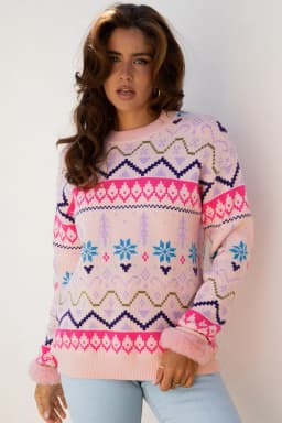image-Multicolor Christmas Pattern Knit Sweater - Feather Cuff