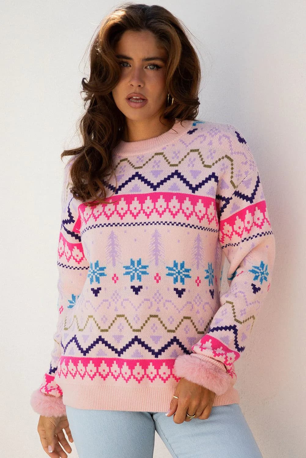 image-Multicolor Christmas Pattern Knit Sweater - Feather Cuff