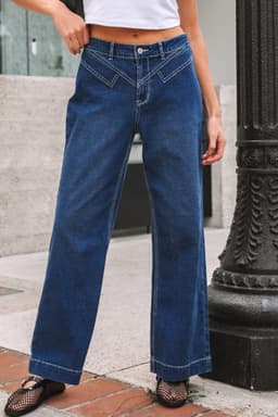 image-Sail Blue Stitched Waist Detail Loose Cuffed Jeans