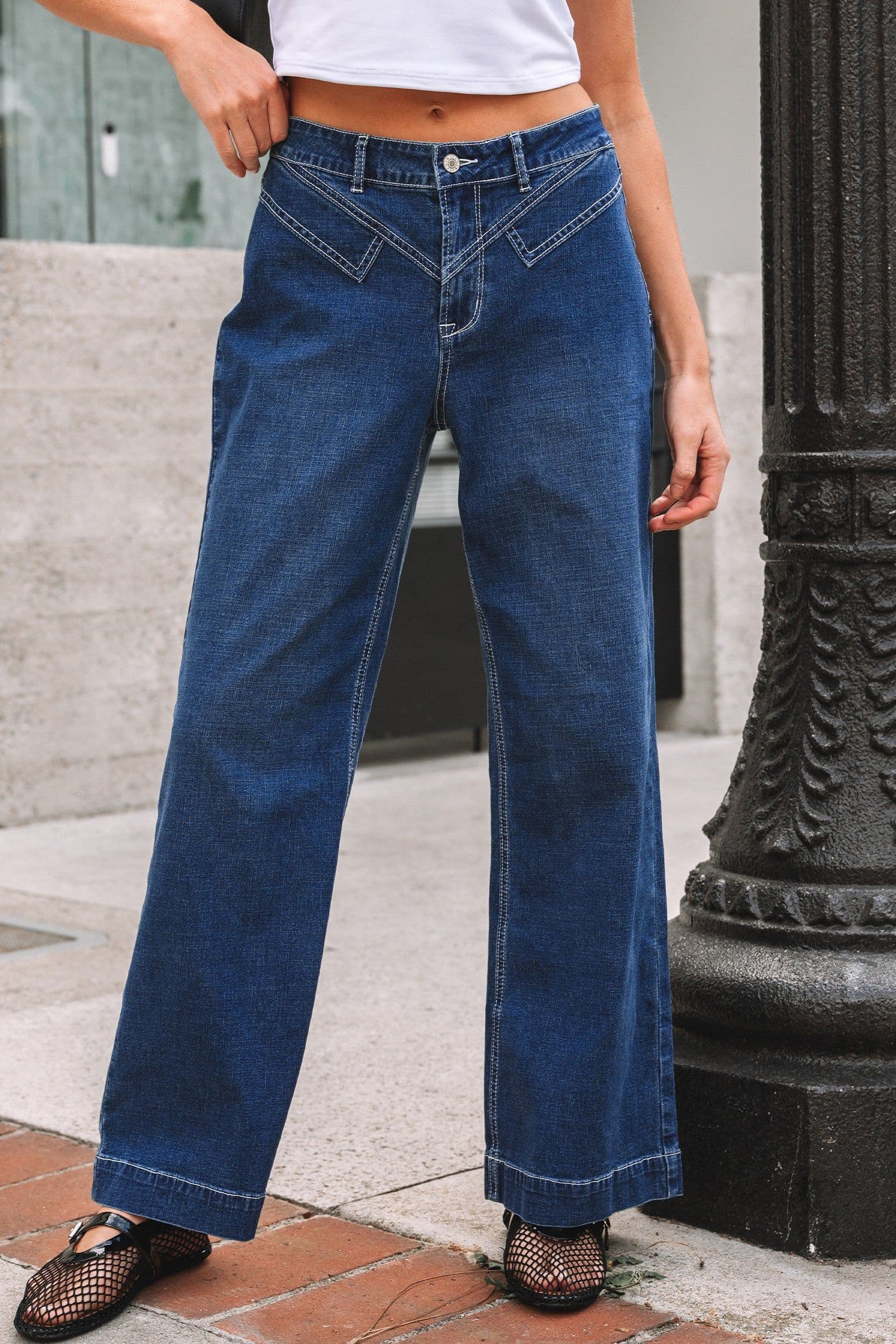image-Sail Blue Stitched Waist Detail Loose Cuffed Jeans