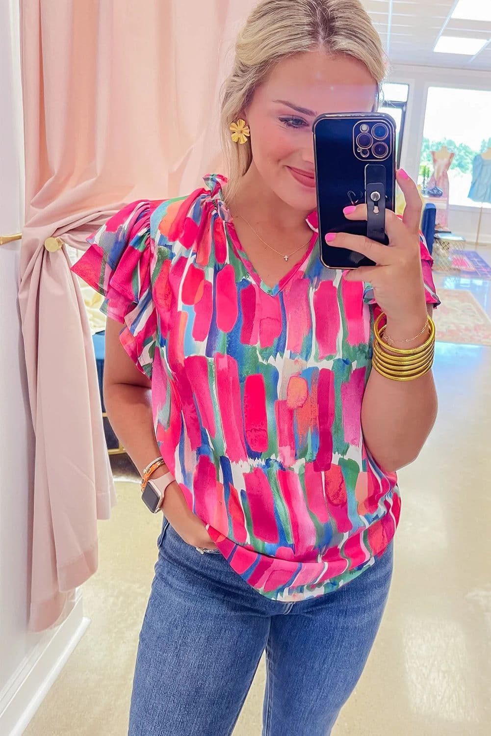 image-Rose Abstract Brush Print Ruffled Sleeve V Neck Blouse
