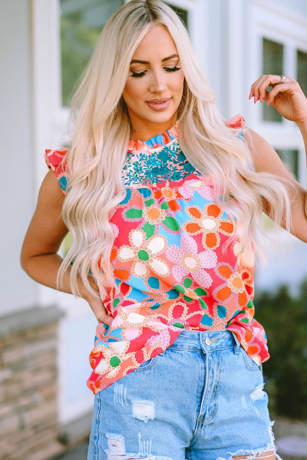 image-Rose Embroidered Floral Print Ruffle Trim Tank Top