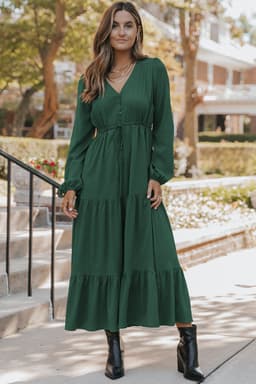 image-Burgundy Solid Long Sleeve Button V Neck Tiered Maxi Dress