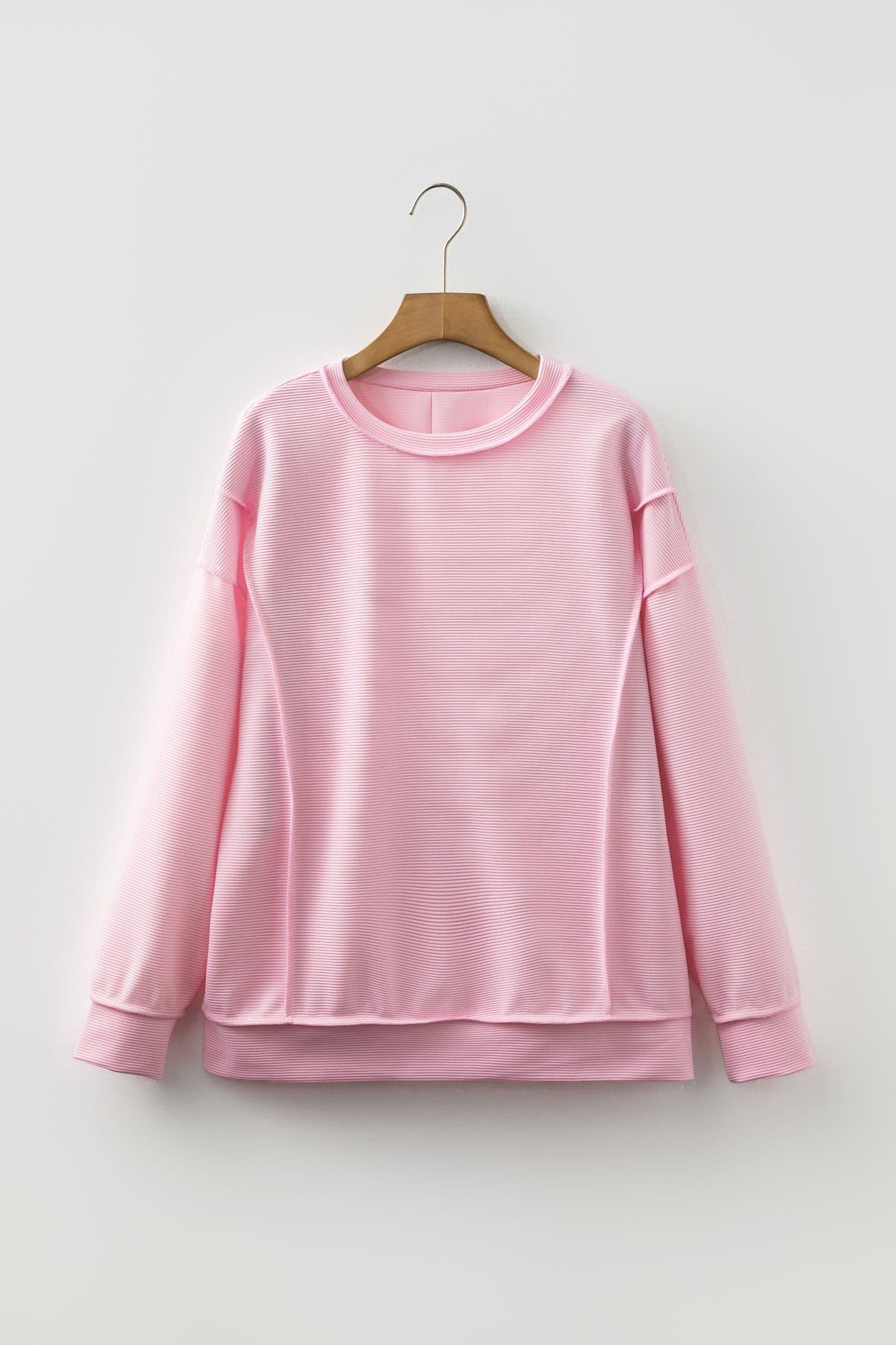 image-Pink Ribbed Long Sleeve Top - Exposed Seam Detail