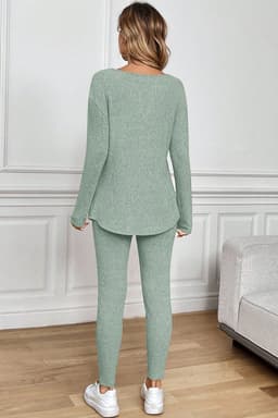 image-Racing Red Ribbed Notched Neck Knit Long Sleeve Leggings Two Pieces Lounge Set