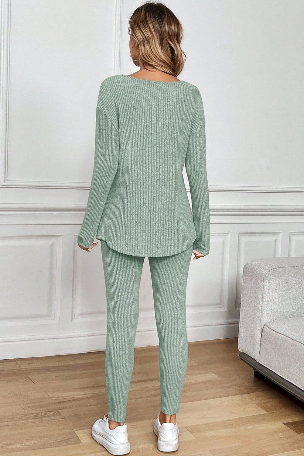 image-Racing Red Ribbed Notched Neck Knit Long Sleeve Leggings Two Pieces Lounge Set