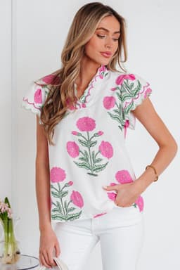 image-Blue Wild Flower Print Contrast Trim Scallop Detail Short Sleeve Blouse