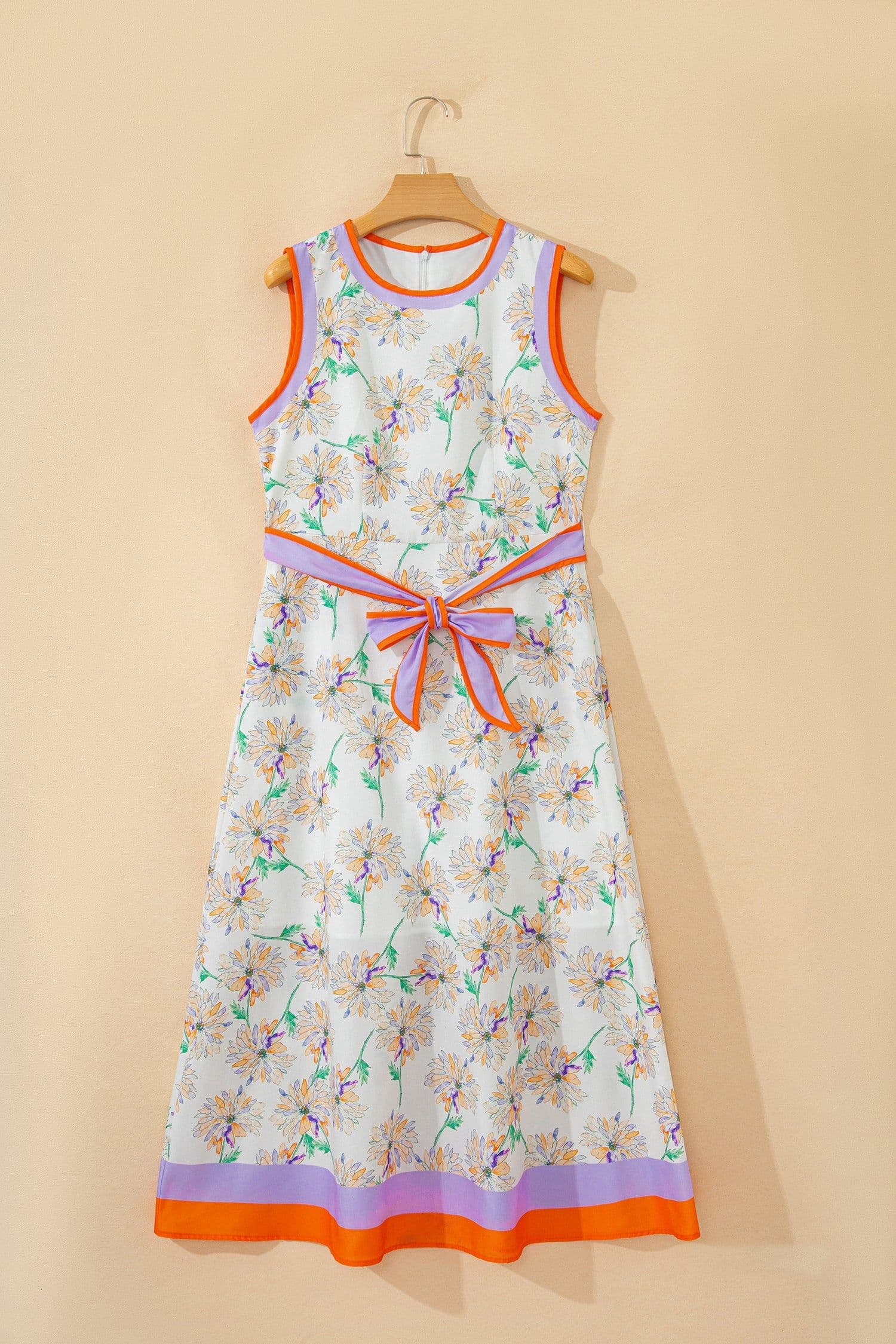 image-White Floral Print Color Block Maxi Dress Belted