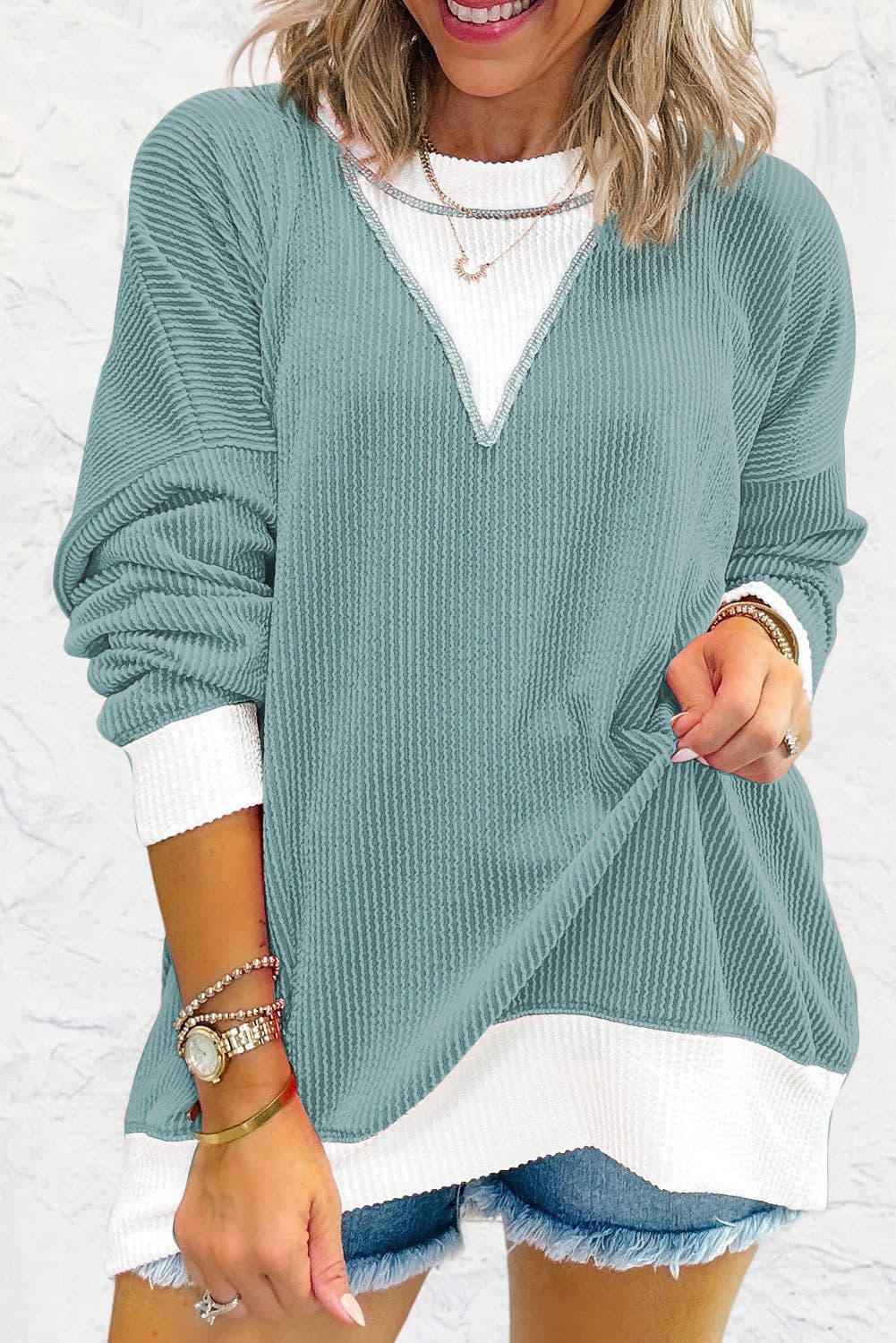 image-Peach Blossom Colorblock Drop Shoulder Loose Top