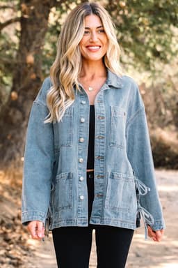 image-Beau Blue Patched Boyfriend Denim Jacket - Side Tie