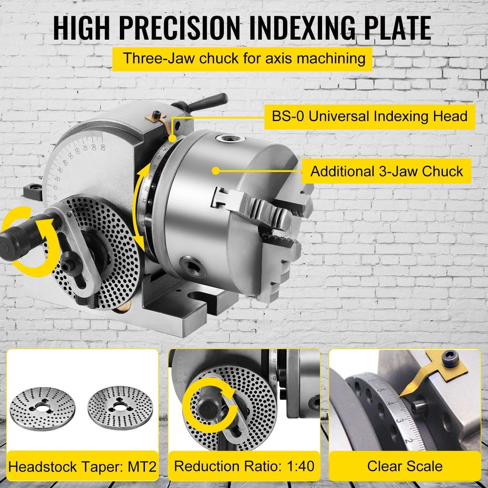 image-VEVOR Dividing Head BS-0 5Inch 3 Jaw Chuck Dividing Head Set Precision Semi Universal Dividing Head for Milling Machine Rotary Table Tailstock Milling Set (5 Inch Chuck)