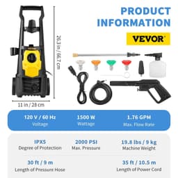 image-VEVOR Electric Pressure Washer, 2000 PSI, Max. 1.76 GPM Power Washer with 30 ft Hose, 5 Quick Connect Nozzles, Foam Cannon, Portable to Clean Patios, Cars, Fences, Driveways, ETL Listed