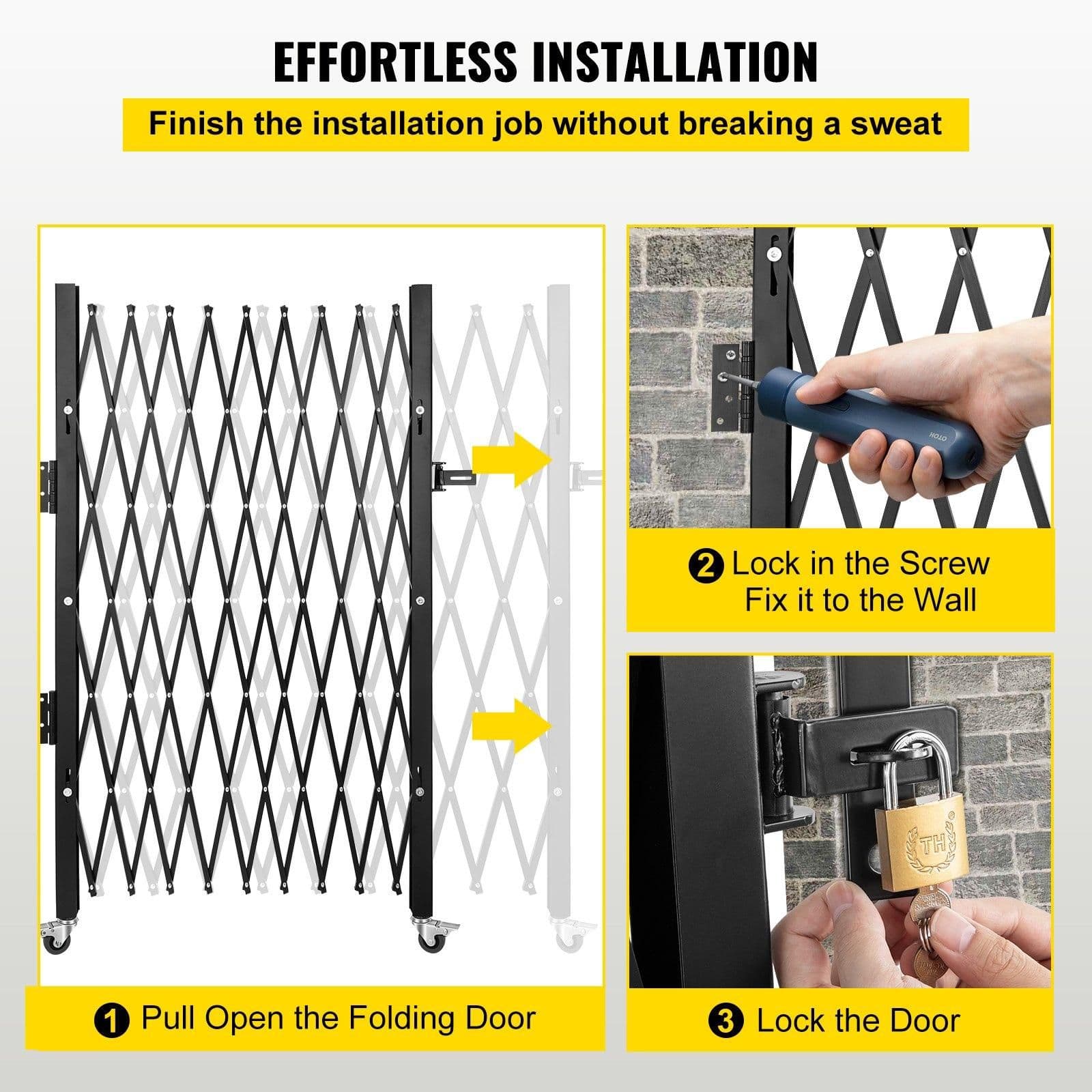image-VEVOR Single Folding Security Gate, 7' H x 6-1/2' W Folding Door Gate, Steel Accordion Security Gate, Flexible Expanding Security Gate, 360° Rolling Barricade Gate, Scissor Gate/Door with Padlock