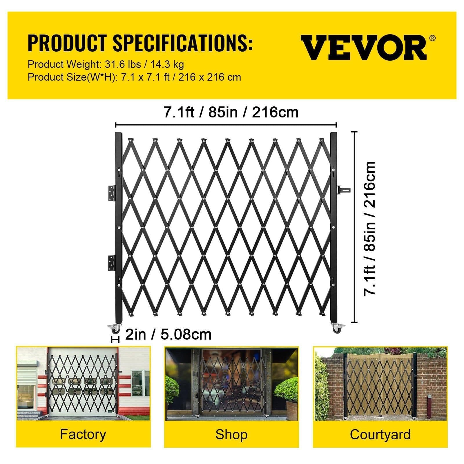 image-VEVOR Single Folding Security Gate, 7' H x 6-1/2' W Folding Door Gate, Steel Accordion Security Gate, Flexible Expanding Security Gate, 360° Rolling Barricade Gate, Scissor Gate/Door with Padlock