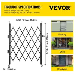 image-VEVOR Single Folding Security Gate, 5' H x 5-1/2' W Folding Door Gate, Steel Accordion Security Gate, Flexible Expanding Security Gate, 360° Rolling Barricade Gate, Scissor Gate/Door with Padlock