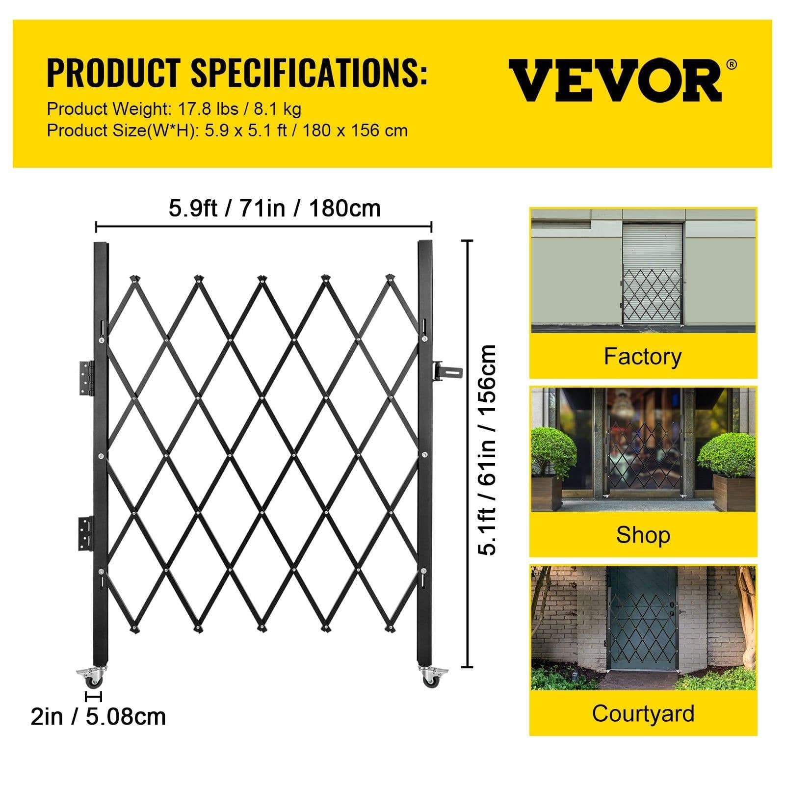 image-VEVOR Single Folding Security Gate, 5' H x 5-1/2' W Folding Door Gate, Steel Accordion Security Gate, Flexible Expanding Security Gate, 360° Rolling Barricade Gate, Scissor Gate/Door with Padlock