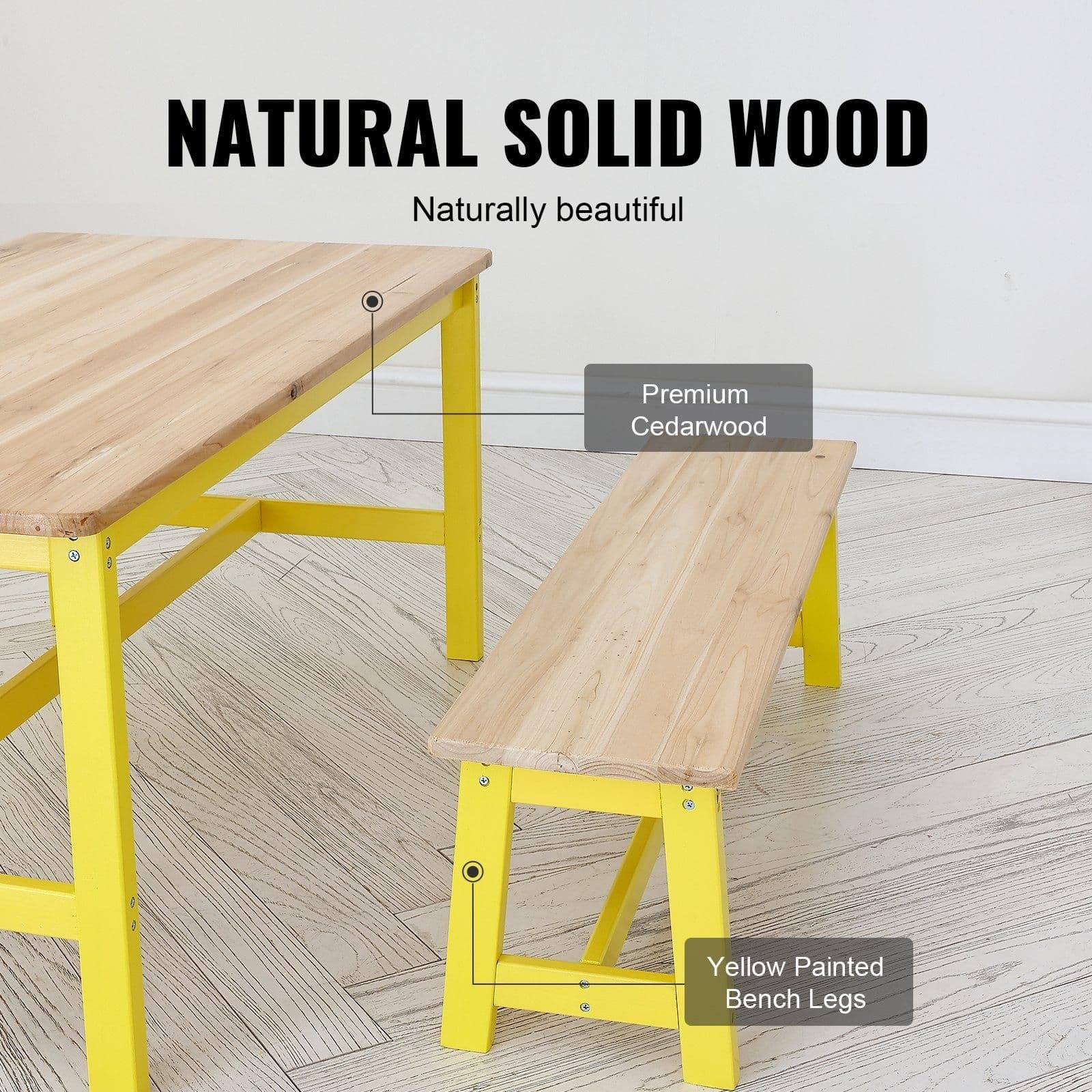 image-VEVOR Kids Table and Bench Set, Toddler Table and Chair Set of 3, Wood Activity Table for Art, Craft, Reading, Learning