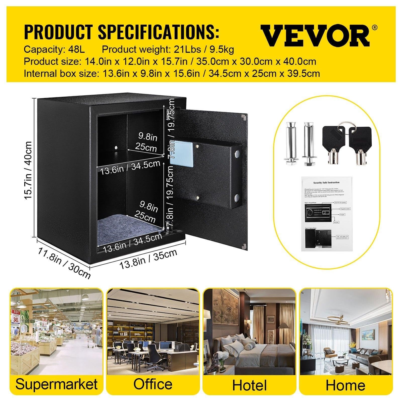 image-VEVOR Safe Box, 1.7 CU.FT Fingerprint Safe Box for Money with 2 Keys & Digital Keypad, Q235 Steel Safe Box for Storing Cash, Jewelry, Pistols, Documents, Watches in Home & Office & Hotel