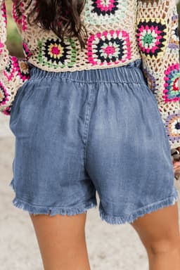 image-Dusk Blue Raw Hem Lace-up High Waist Plus Size Denim Shorts