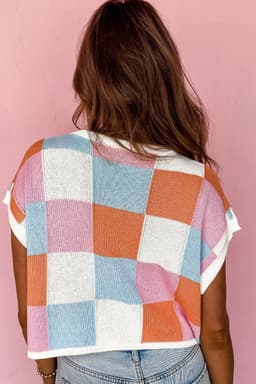 image-Grapefruit Orange Color Block Cap Sleeve Sweater