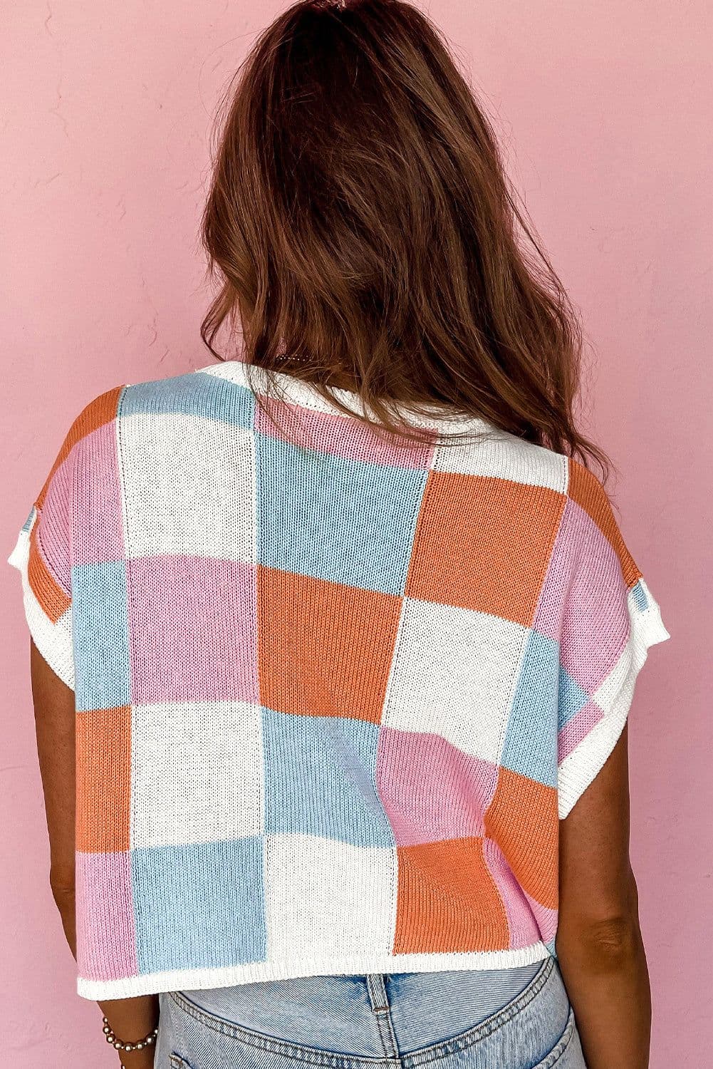 image-Grapefruit Orange Color Block Cap Sleeve Sweater