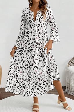 image-White Leopard Print Maxi Dress V-Neck Loose Fit Elegant Tiered Design