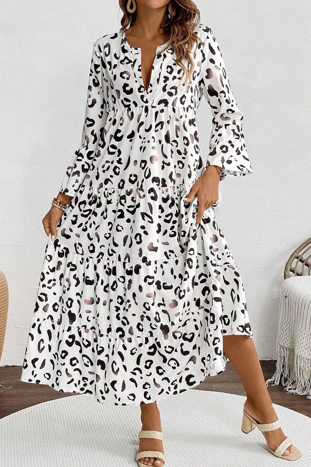 image-White Leopard Print Maxi Dress V-Neck Loose Fit Elegant Tiered Design