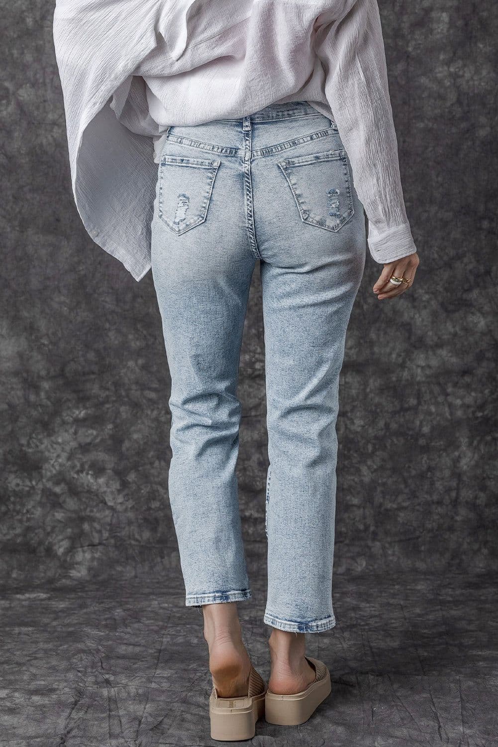 image-Sky Blue Light Wash Frayed Slim Fit High Waist Jeans