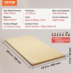 image-VEVOR Wood Table Top, Holds up to 330 lb, 29.5" x 23.6" x 1.5" Rectangular Countertop for Height Adjustable Electric Standing Desk Frame, Universal Solid One-Piece Maple Desktop for Office & Home Desk