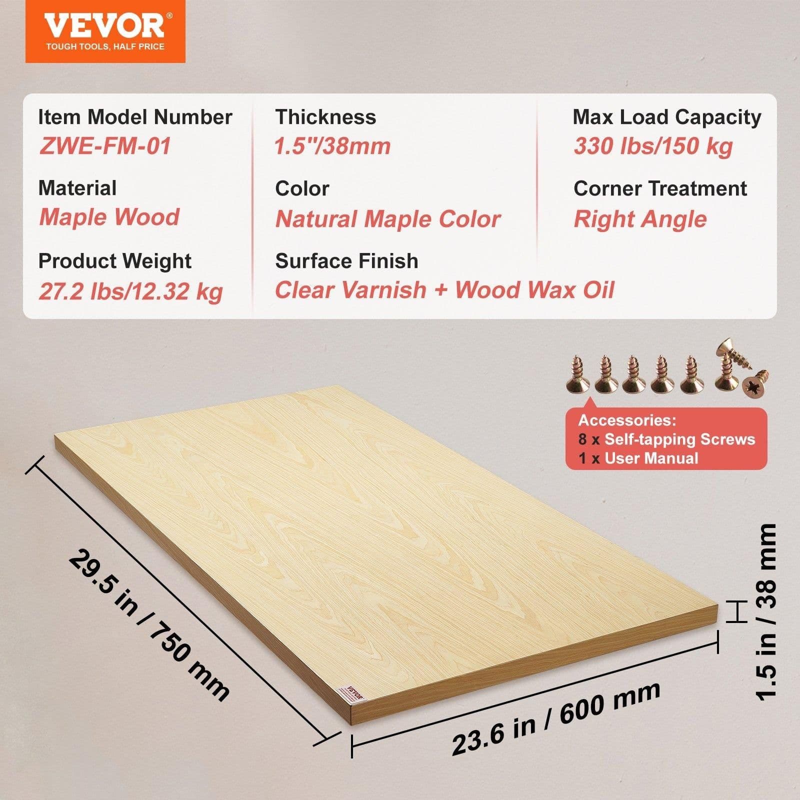 image-VEVOR Wood Table Top, Holds up to 330 lb, 29.5" x 23.6" x 1.5" Rectangular Countertop for Height Adjustable Electric Standing Desk Frame, Universal Solid One-Piece Maple Desktop for Office & Home Desk