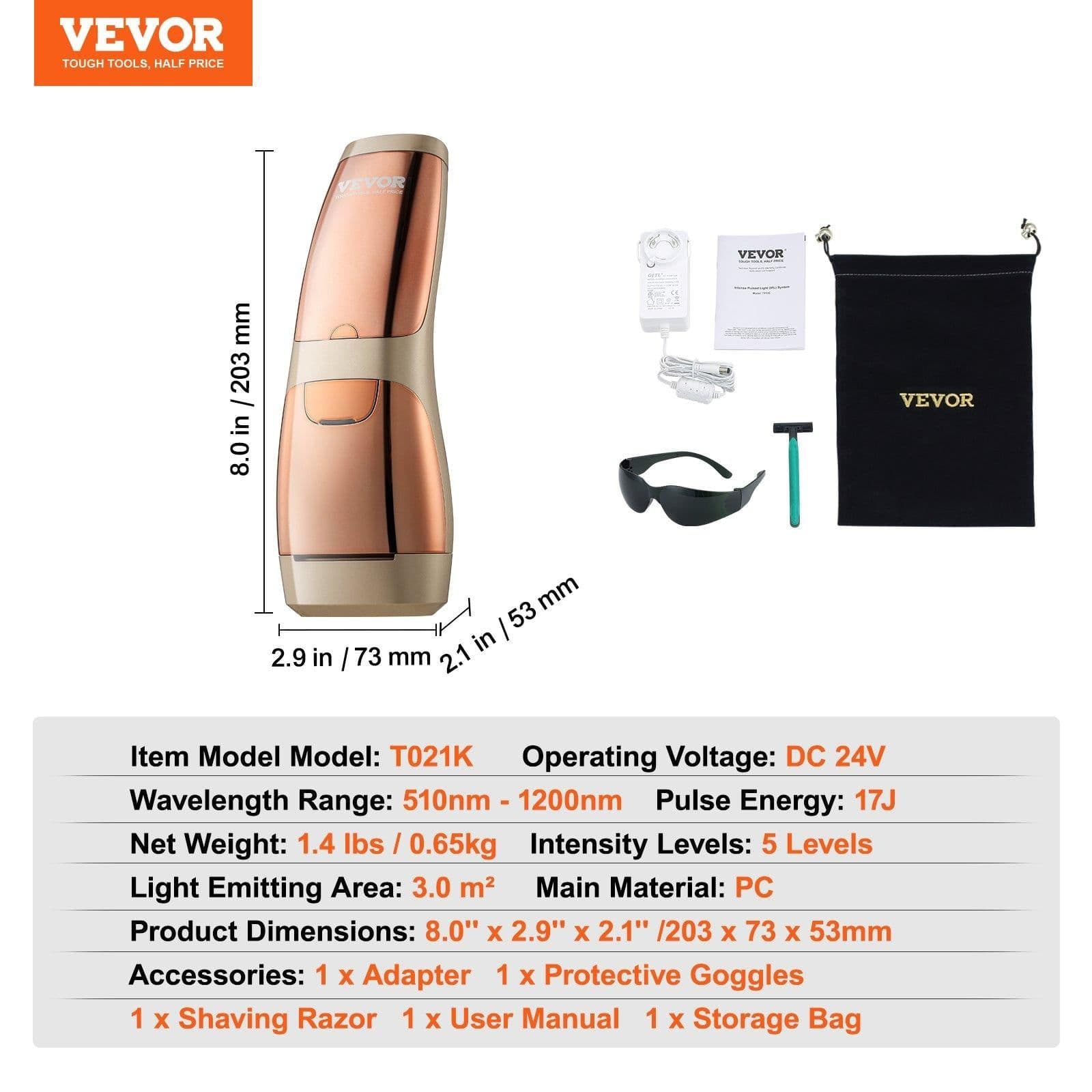 image-VEVOR IPL Hair Removal, Permanent Hair Removal with Sapphire Ice Cooling System, Painless At-Home Hair Removal Device for Women Men, Auto/Manual Modes, 5 Levels for Body & Face