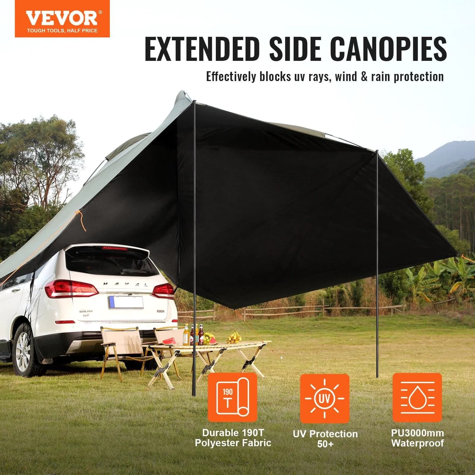 image-VEVOR Vehicle Awning, Large 10' x 7' Shade Coverage Car Side Awning, PU2000mm UV50+ Car Awning with Extended Side Canopies and Portable Storage Bag, Suitable for Truck, SUV, Van, Campers