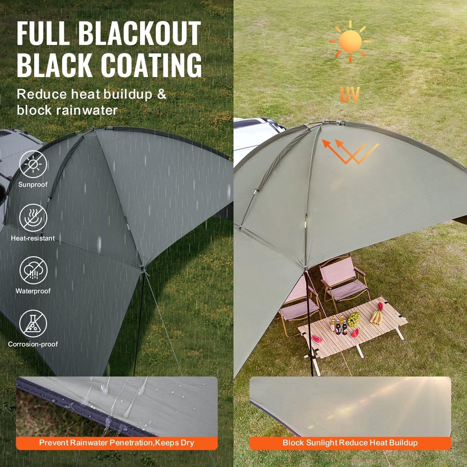 image-VEVOR Vehicle Awning, Large 10' x 7' Shade Coverage Car Side Awning, PU2000mm UV50+ Car Awning with Extended Side Canopies and Portable Storage Bag, Suitable for Truck, SUV, Van, Campers