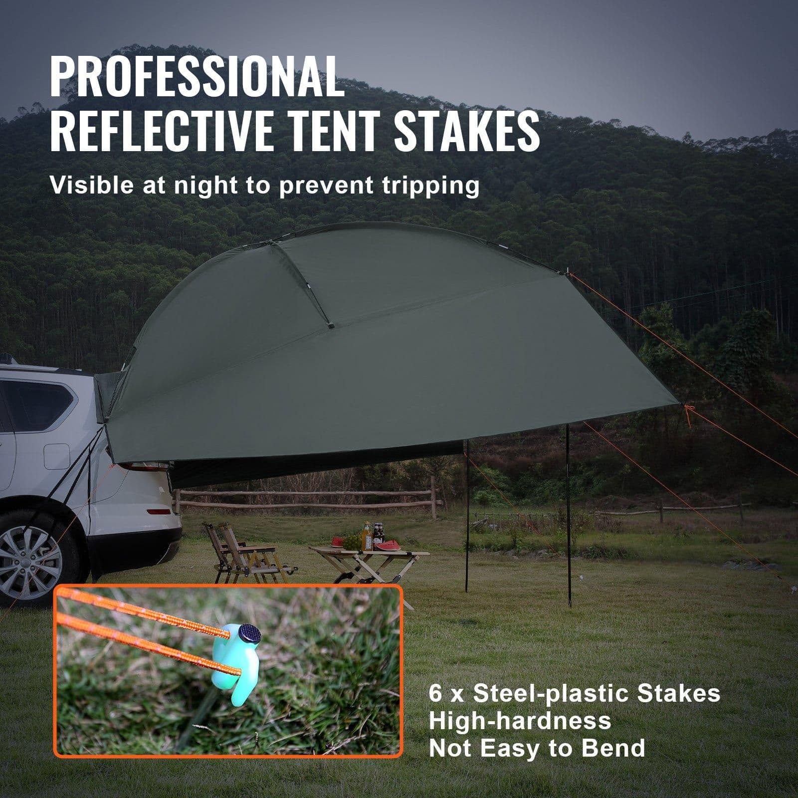 image-VEVOR Vehicle Awning, Large 10' x 7' Shade Coverage Car Side Awning, PU2000mm UV50+ Car Awning with Extended Side Canopies and Portable Storage Bag, Suitable for Truck, SUV, Van, Campers