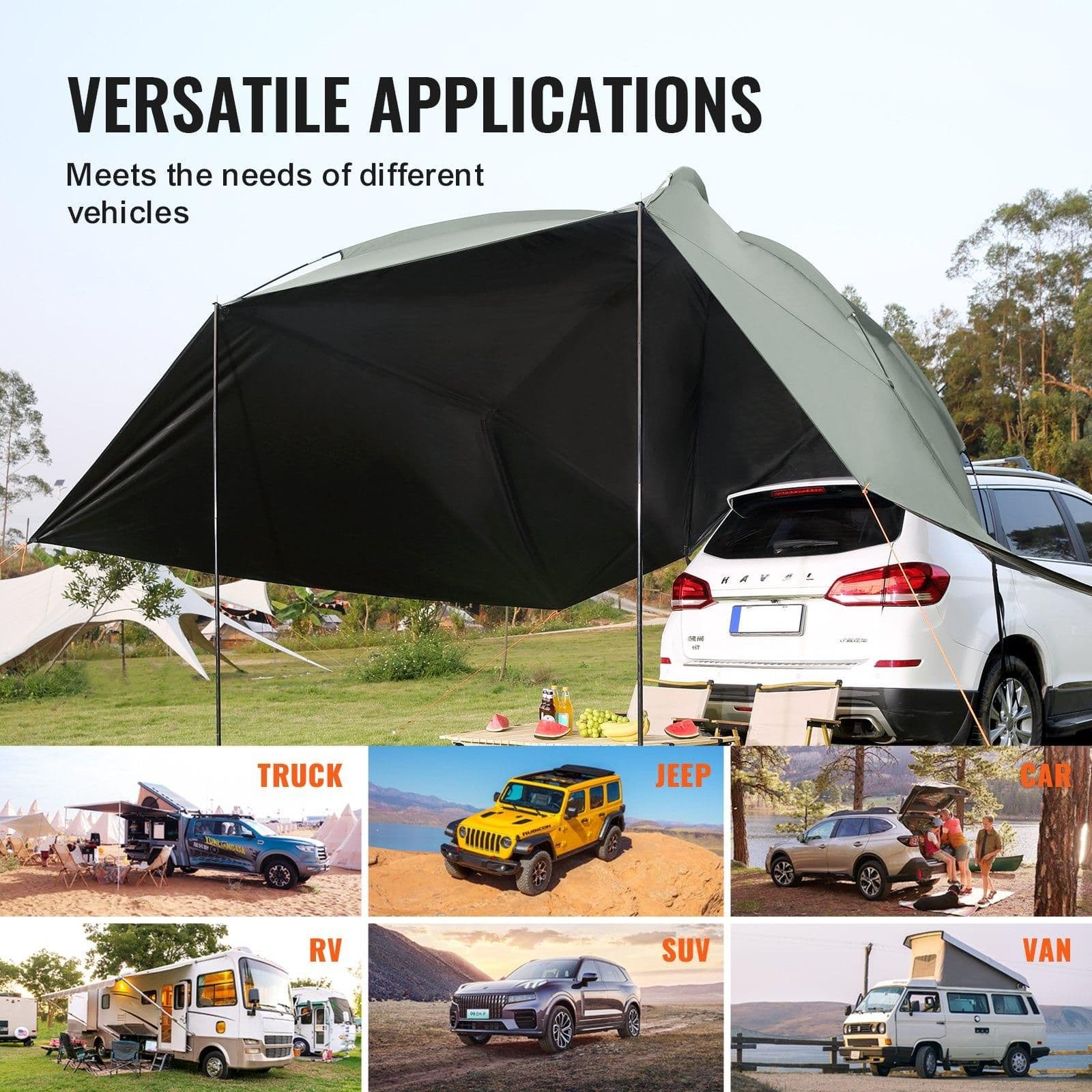 image-VEVOR Vehicle Awning, Large 10' x 7' Shade Coverage Car Side Awning, PU2000mm UV50+ Car Awning with Extended Side Canopies and Portable Storage Bag, Suitable for Truck, SUV, Van, Campers