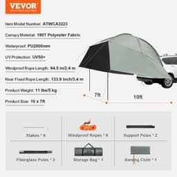 image-VEVOR Vehicle Awning, Large 10' x 7' Shade Coverage Car Side Awning, PU2000mm UV50+ Car Awning with Extended Side Canopies and Portable Storage Bag, Suitable for Truck, SUV, Van, Campers
