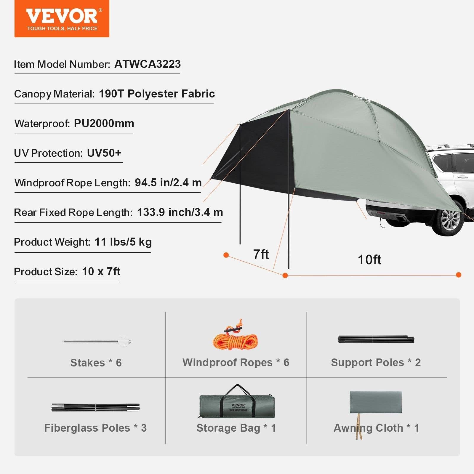 image-VEVOR Vehicle Awning, Large 10' x 7' Shade Coverage Car Side Awning, PU2000mm UV50+ Car Awning with Extended Side Canopies and Portable Storage Bag, Suitable for Truck, SUV, Van, Campers