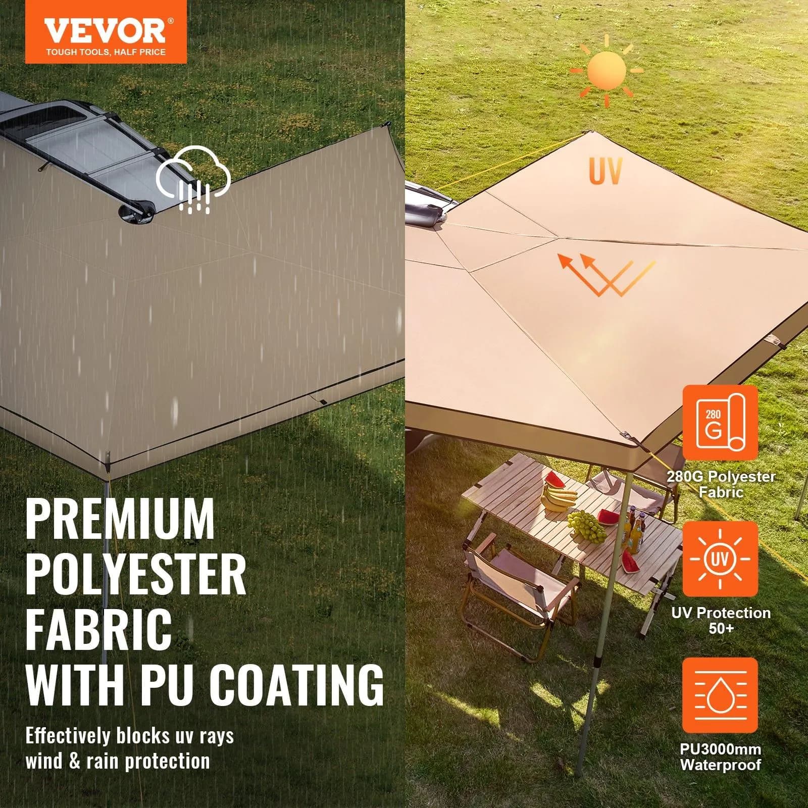 image-VEVOR Vehicle Awning 270 Degree, 8.2' Height Retractable Car Side Awning, PU3000mm UV50+ Car Awning with Waterproof Storage Bag, Suitable for Truck, SUV, Van, Campers