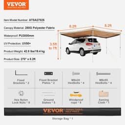 image-VEVOR Vehicle Awning 270 Degree, 8.2' Height Retractable Car Side Awning, PU3000mm UV50+ Car Awning with Waterproof Storage Bag, Suitable for Truck, SUV, Van, Campers